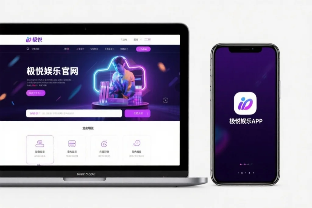 一台笔记本电脑屏幕上显示着联赢娱乐官网的界面，旁边是一部手机显示着联赢娱乐APP，两者并列对比